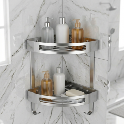 Stainless Steel 304 Double Layer Triangle Bathroom Storage Rack with Hooks