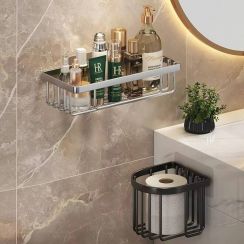 Modern Punch Free Wall Mounted Rustproof Iron Bathroom Storage Shelf