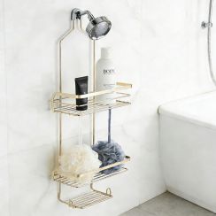 5 Pcs Over Shower Head Iron Bathroom Organizer Hanging Golden Shower Shelf with Soap Basket & Razor