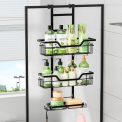 Punch Free Three Layer Metal Bathroom Storage Rack with Wall Hanging Hooks